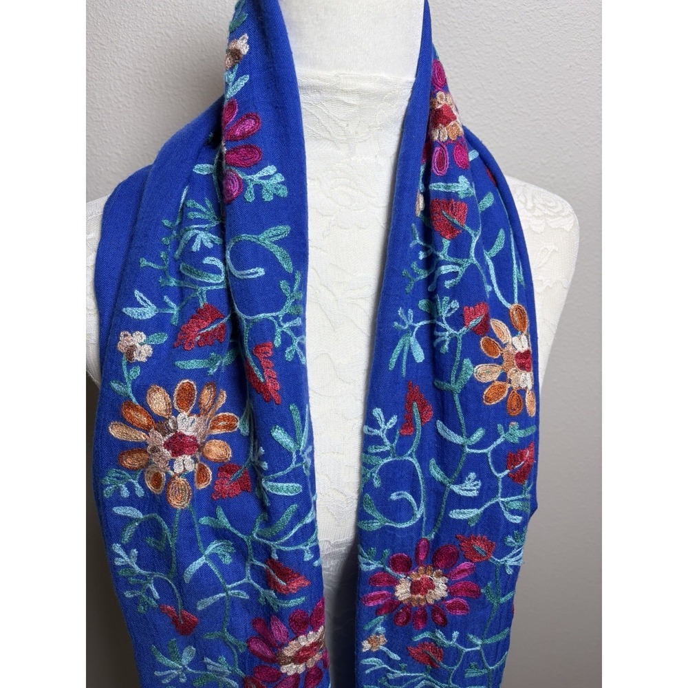 Embroidered Floral Blue Boho Scarf Shawl Wrap~36" x 64"~Soft Gypsy Festival - Picture 2 of 13